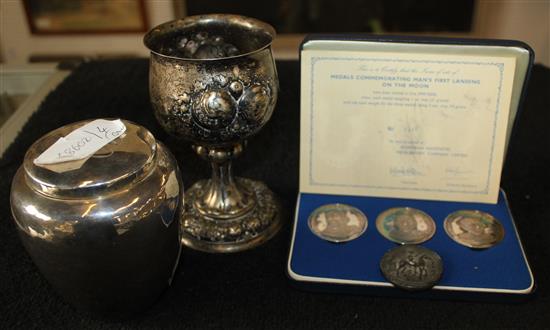 German silver goblet, white metal jar and cover and 4 coins